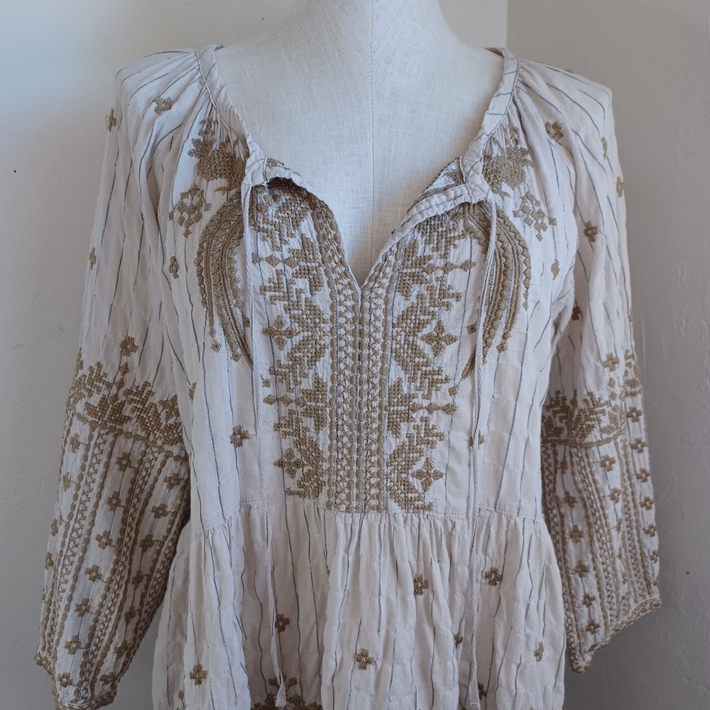 Johnny Was Workshop Embroidered Pinstripe Peasant Blouse Cream Tan Sz L - Picture 3 of 12